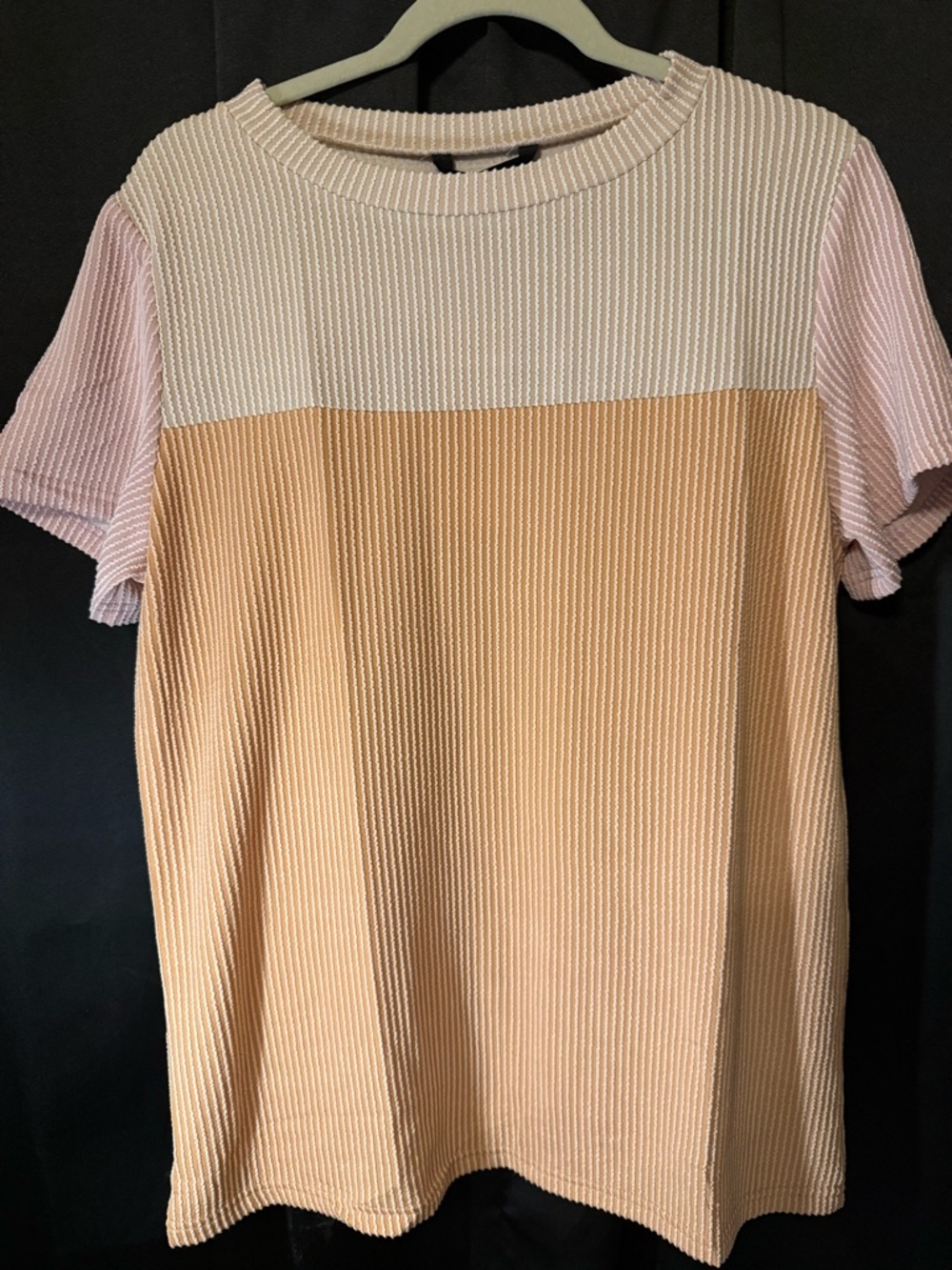 Colorblock Ribbed Short Sleeve Top - Cream, Peach & Light Pink size M